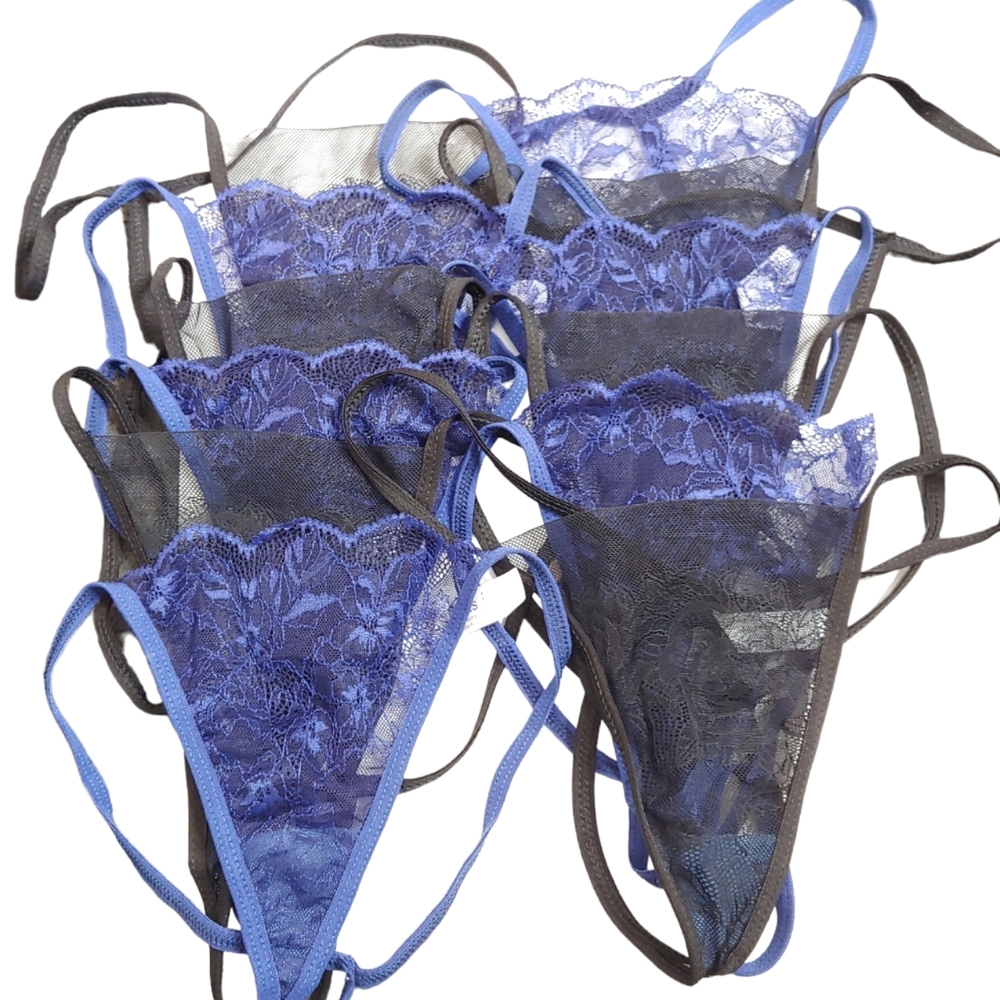 CHUNS Women's Blue Black Lace Mesh Thong Bundle Size Large 12 For $25 NWOT